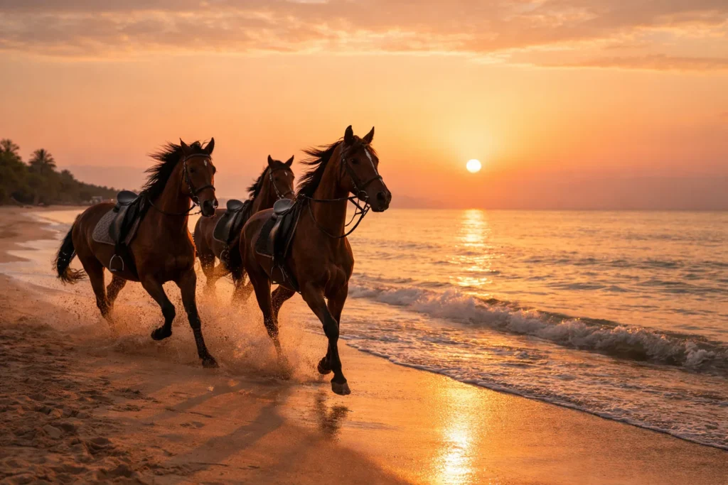 Sunrise horse riding Hurghada with multiple horses on the beach